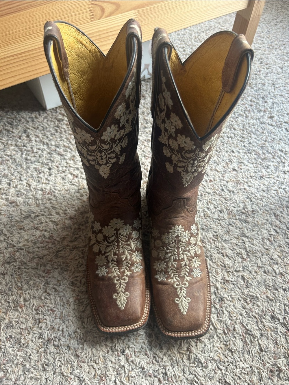 Brown Embroidered Western Boots with Yellow Lining -